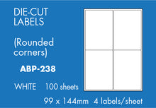 Load image into Gallery viewer, Hovat Multi-Purpose. 100 sheet box of white self adhesive labels. DIE CUT - Rounded corners.
