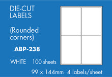 Load image into Gallery viewer, Hovat Multi-Purpose. 100 sheet box of white self adhesive labels. DIE CUT - Rounded corners.