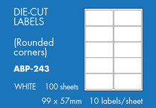 Load image into Gallery viewer, Hovat Multi-Purpose. 100 sheet box of white self adhesive labels. DIE CUT - Rounded corners.