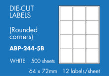 Load image into Gallery viewer, Hovat Multi-Purpose. 500 sheet box of white self adhesive labels. DIE CUT - rounded corners