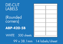 Load image into Gallery viewer, Hovat Multi-Purpose. 500 sheet box of white self adhesive labels. DIE CUT - rounded corners