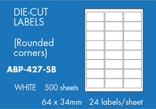 Load image into Gallery viewer, Hovat Multi-Purpose. 500 sheet box of white self adhesive labels. DIE CUT - rounded corners