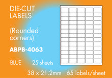Load image into Gallery viewer, Hovat Multi-Purpose. 65 labels per sheet. Coloured 38 x 21.2 mm Matt Self adhesive label. (1,625 labels - 25 sheet box)