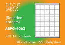 Load image into Gallery viewer, Hovat Multi-Purpose. 65 labels per sheet. Coloured 38 x 21.2 mm Matt Self adhesive label. (1,625 labels - 25 sheet box)