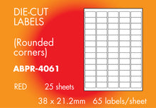 Load image into Gallery viewer, Hovat Multi-Purpose. 65 labels per sheet. Coloured 38 x 21.2 mm Matt Self adhesive label. (1,625 labels - 25 sheet box)