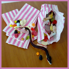 Load image into Gallery viewer, Candy Stripe Pink and White Block Bottom Sweet Bags. (114 x 76 x 245mm)