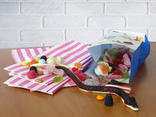 Load image into Gallery viewer, Candy Stripe Blue and White Block Bottom Sweet Bags. (110 x 75 x 240mm)