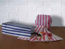 Load image into Gallery viewer, Candy Stripe Blue and White Block Bottom Sweet Bags. (110 x 75 x 240mm)