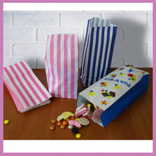 Load image into Gallery viewer, Candy Stripe Blue and White Block Bottom Sweet Bags. (110 x 75 x 240mm)