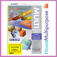 Load image into Gallery viewer, Hovat Multi-Purpose. 65 labels per sheet. Coloured 38 x 21.2 mm Matt Self adhesive label. (1,625 labels - 25 sheet box)
