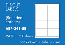 Load image into Gallery viewer, Hovat Multi-Purpose. 500 sheet box of white self adhesive labels. DIE CUT - rounded corners
