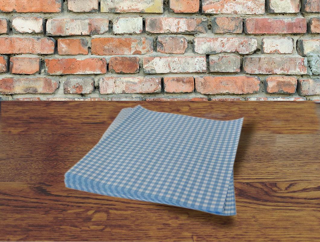 Blue Gingham Greaseproof Sheets, Chip & Tray Liners. packs of 1,000