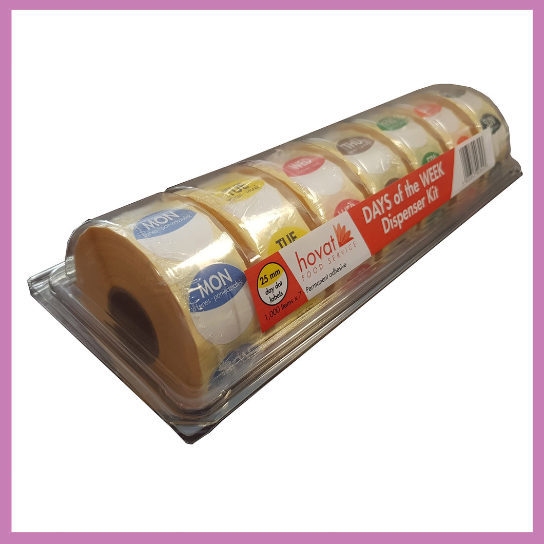 Day Dot, Food Rotation Labels in a Plastic Clam Shell, Full Week 1000 Labels per roll