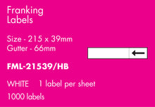 Load image into Gallery viewer, Hovat Franking Labels. 215 x 39 mm with 66 mm gutter Self Adhesive Franking Label. 1,000 per pack
